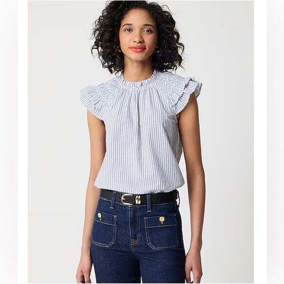 J. Crew Striped flutter-sleeve top in navy and white - Picture 2 of 10